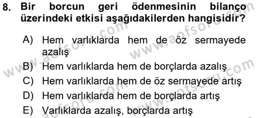 Genel Muhasebe Dersi Ara Sınavı Deneme Sınav Soruları 8. Soru