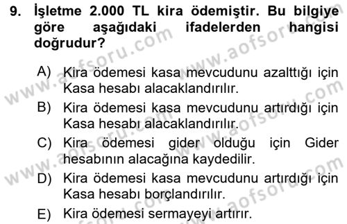 Genel Muhasebe Dersi Ara Sınavı Deneme Sınav Soruları 9. Soru