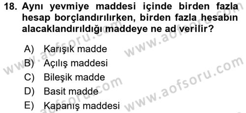 Genel Muhasebe Dersi 2015 - 2016 Yılı (Final) Dönem Sonu Sınav Soruları 18. Soru