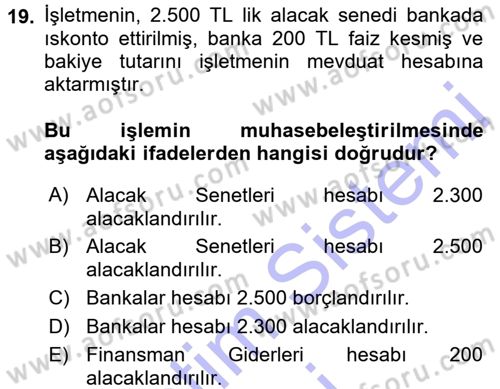 Genel Muhasebe Dersi 2015 - 2016 Yılı (Final) Dönem Sonu Sınav Soruları 19. Soru