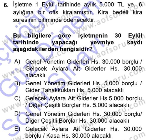 Genel Muhasebe Dersi 2015 - 2016 Yılı (Final) Dönem Sonu Sınav Soruları 6. Soru