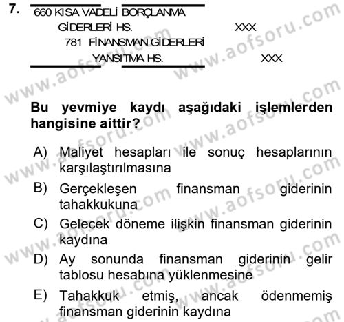 Genel Muhasebe Dersi 2015 - 2016 Yılı (Final) Dönem Sonu Sınav Soruları 7. Soru
