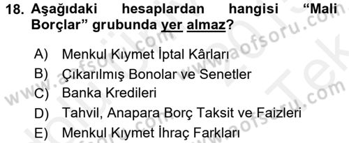 Genel Muhasebe Dersi 2015 - 2016 Yılı Tek Ders Sınav Soruları 18. Soru