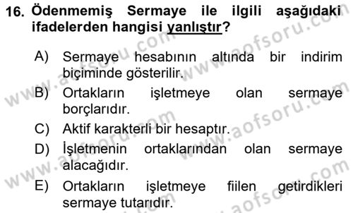 Genel Muhasebe Dersi 2016 - 2017 Yılı 3 Ders Sınav Soruları 16. Soru