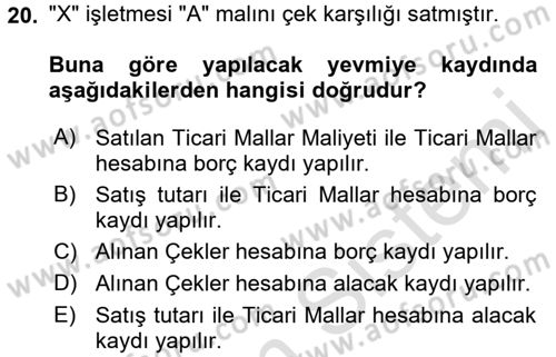 Genel Muhasebe Dersi Ara Sınavı Deneme Sınav Soruları 20. Soru