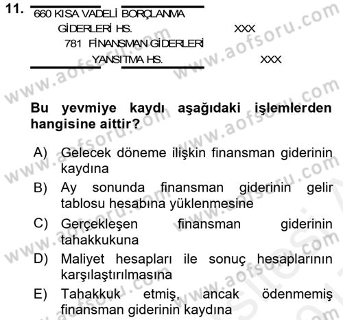 Genel Muhasebe Dersi 2016 - 2017 Yılı (Final) Dönem Sonu Sınav Soruları 11. Soru