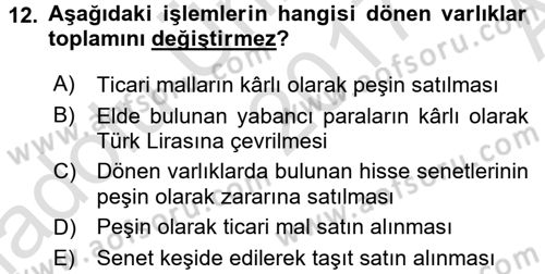 Genel Muhasebe Dersi 2017 - 2018 Yılı (Vize) Ara Sınav Soruları 12. Soru