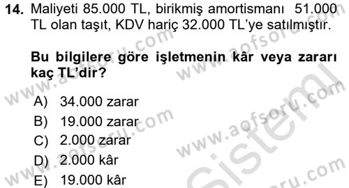 Genel Muhasebe Dersi 2017 - 2018 Yılı (Vize) Ara Sınav Soruları 14. Soru