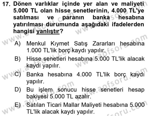 Genel Muhasebe Dersi Ara Sınavı Deneme Sınav Soruları 17. Soru