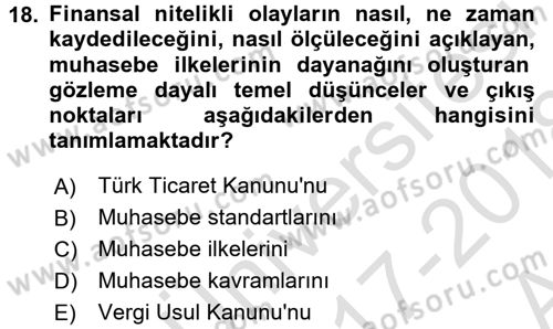 Genel Muhasebe Dersi Ara Sınavı Deneme Sınav Soruları 18. Soru