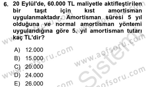 Genel Muhasebe Dersi Ara Sınavı Deneme Sınav Soruları 6. Soru