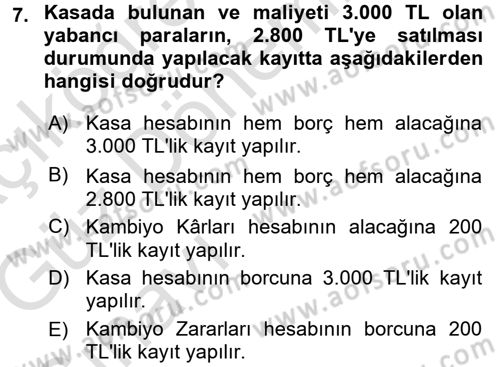 Genel Muhasebe Dersi 2017 - 2018 Yılı (Vize) Ara Sınav Soruları 7. Soru