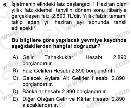 Genel Muhasebe Dersi 2017 - 2018 Yılı (Final) Dönem Sonu Sınav Soruları 6. Soru