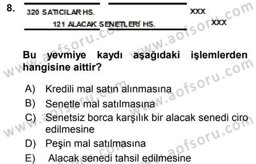 Genel Muhasebe Dersi 2017 - 2018 Yılı (Final) Dönem Sonu Sınav Soruları 8. Soru