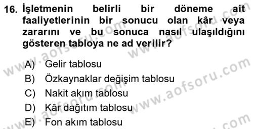 Genel Muhasebe Dersi 2018 - 2019 Yılı 3 Ders Sınav Soruları 16. Soru