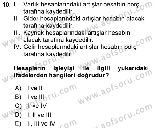Genel Muhasebe Dersi Ara Sınavı Deneme Sınav Soruları 10. Soru