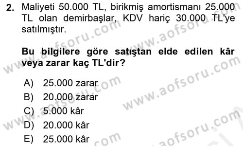 Genel Muhasebe Dersi Ara Sınavı Deneme Sınav Soruları 2. Soru