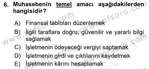 Genel Muhasebe Dersi Ara Sınavı Deneme Sınav Soruları 6. Soru