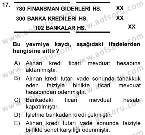 Genel Muhasebe Dersi 2018 - 2019 Yılı (Final) Dönem Sonu Sınav Soruları 17. Soru