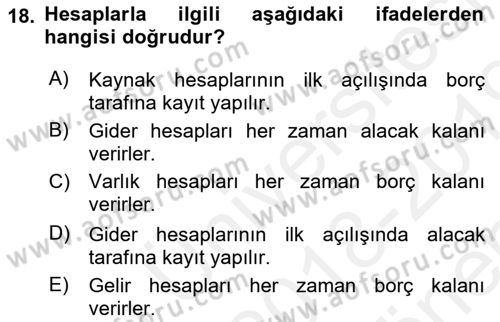 Genel Muhasebe Dersi 2018 - 2019 Yılı (Final) Dönem Sonu Sınav Soruları 18. Soru
