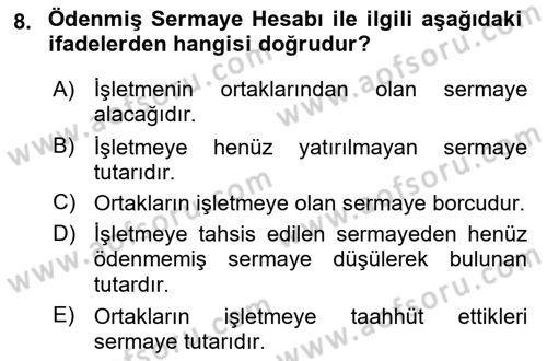 Genel Muhasebe Dersi 2018 - 2019 Yılı (Final) Dönem Sonu Sınav Soruları 8. Soru