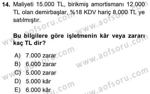 Genel Muhasebe Dersi Ara Sınavı Deneme Sınav Soruları 14. Soru