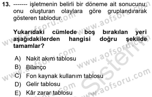 Genel Muhasebe Dersi 2020 - 2021 Yılı Yaz Okulu Sınav Soruları 13. Soru