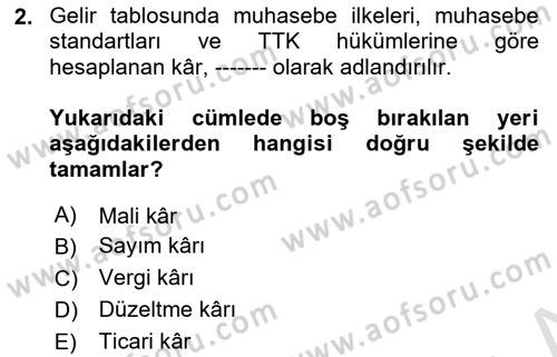 Genel Muhasebe Dersi 2020 - 2021 Yılı Yaz Okulu Sınav Soruları 2. Soru