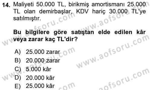 Genel Muhasebe Dersi Ara Sınavı Deneme Sınav Soruları 14. Soru
