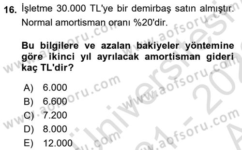 Genel Muhasebe Dersi 2021 - 2022 Yılı (Vize) Ara Sınav Soruları 16. Soru