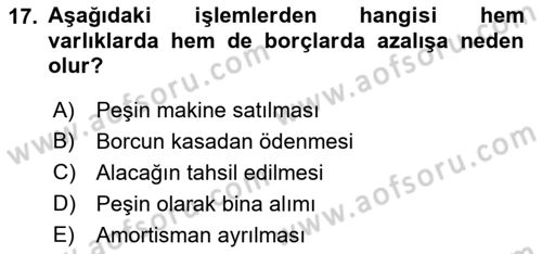 Genel Muhasebe Dersi Ara Sınavı Deneme Sınav Soruları 17. Soru