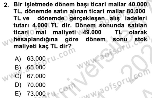 Genel Muhasebe Dersi Ara Sınavı Deneme Sınav Soruları 2. Soru