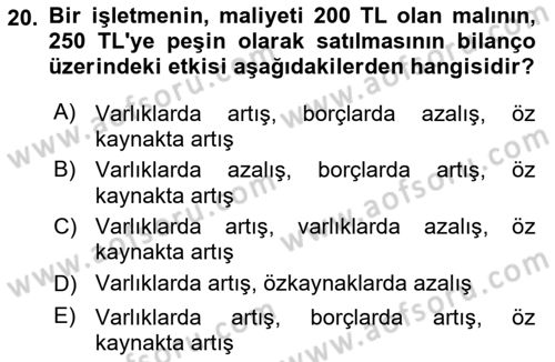 Genel Muhasebe Dersi Ara Sınavı Deneme Sınav Soruları 20. Soru