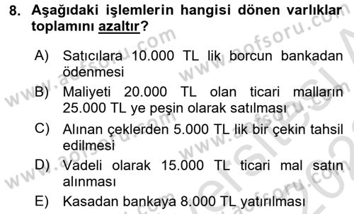 Genel Muhasebe Dersi Ara Sınavı Deneme Sınav Soruları 8. Soru