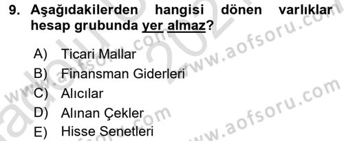 Genel Muhasebe Dersi Ara Sınavı Deneme Sınav Soruları 9. Soru