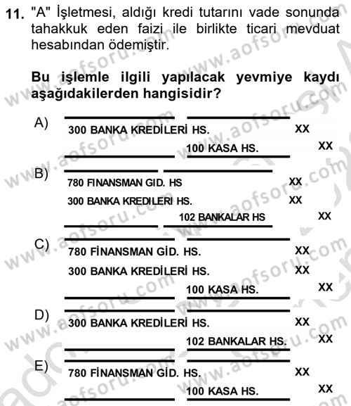 Genel Muhasebe Dersi 2021 - 2022 Yılı (Final) Dönem Sonu Sınav Soruları 11. Soru