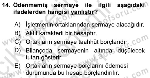 Genel Muhasebe Dersi 2021 - 2022 Yılı (Final) Dönem Sonu Sınav Soruları 14. Soru