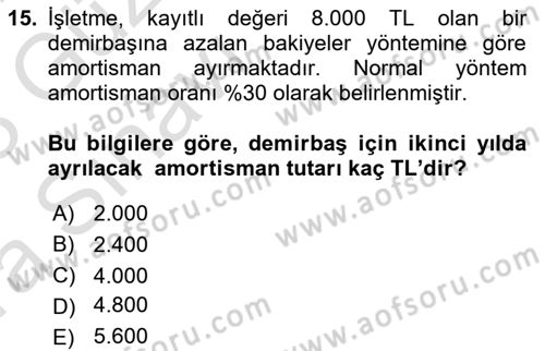 Genel Muhasebe Dersi 2022 - 2023 Yılı (Vize) Ara Sınav Soruları 15. Soru
