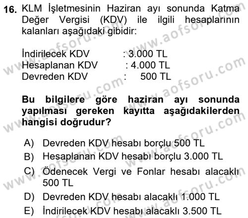 Genel Muhasebe Dersi 2022 - 2023 Yılı (Vize) Ara Sınav Soruları 16. Soru