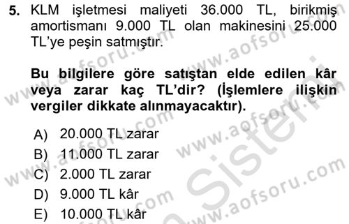 Genel Muhasebe Dersi 2022 - 2023 Yılı (Vize) Ara Sınav Soruları 5. Soru