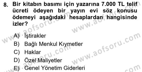 Genel Muhasebe Dersi 2022 - 2023 Yılı (Vize) Ara Sınav Soruları 8. Soru