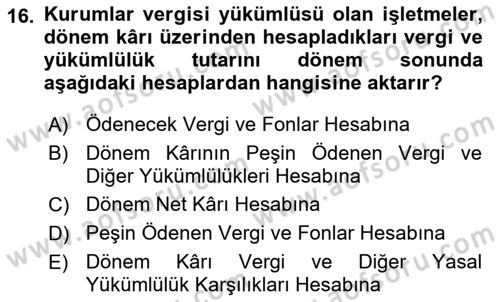 Genel Muhasebe Dersi 2022 - 2023 Yılı (Final) Dönem Sonu Sınav Soruları 16. Soru