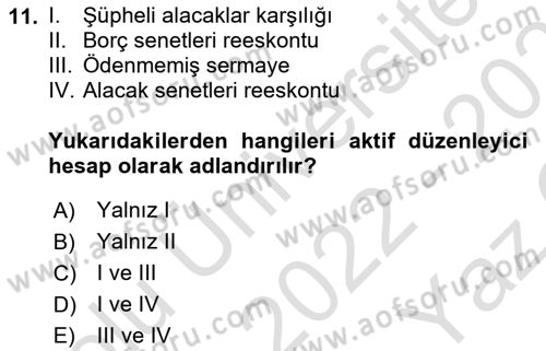 Genel Muhasebe Dersi 2022 - 2023 Yılı Yaz Okulu Sınav Soruları 11. Soru