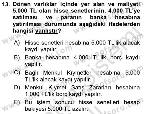 Genel Muhasebe Dersi 2022 - 2023 Yılı Yaz Okulu Sınav Soruları 13. Soru
