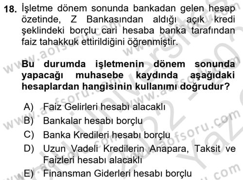 Genel Muhasebe Dersi 2022 - 2023 Yılı Yaz Okulu Sınav Soruları 18. Soru