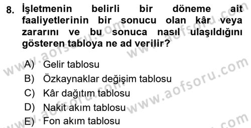 Genel Muhasebe Dersi 2022 - 2023 Yılı Yaz Okulu Sınav Soruları 8. Soru