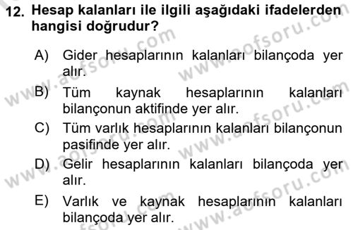 Genel Muhasebe Dersi 2023 - 2024 Yılı (Vize) Ara Sınav Soruları 12. Soru