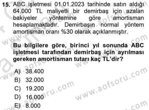 Genel Muhasebe Dersi Ara Sınavı Deneme Sınav Soruları 15. Soru