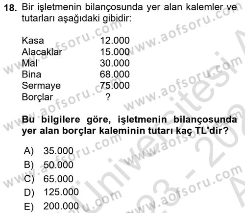 Genel Muhasebe Dersi Ara Sınavı Deneme Sınav Soruları 18. Soru