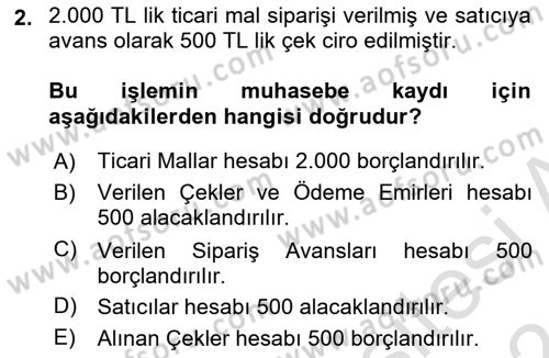 Genel Muhasebe Dersi 2023 - 2024 Yılı (Vize) Ara Sınav Soruları 2. Soru